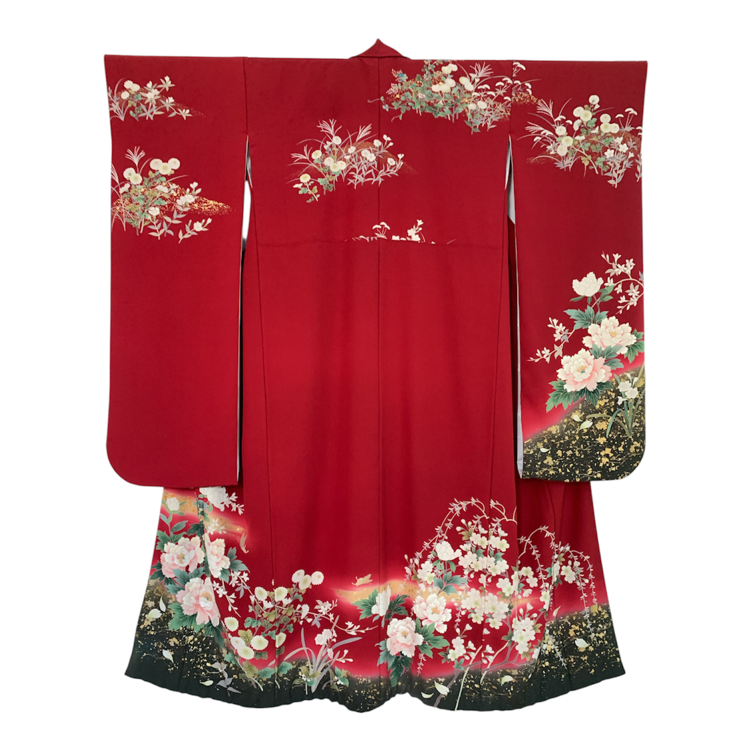Pure Silk Furisode - Deep Crimson with Large Peonies