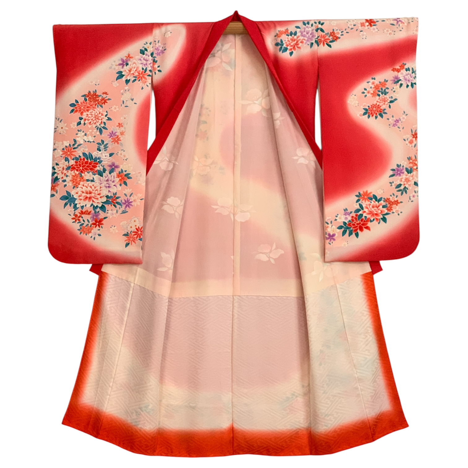 Pure Silk Children's Furisode - Vibrant Red with Goshoguruma & Four Seasons Flowers