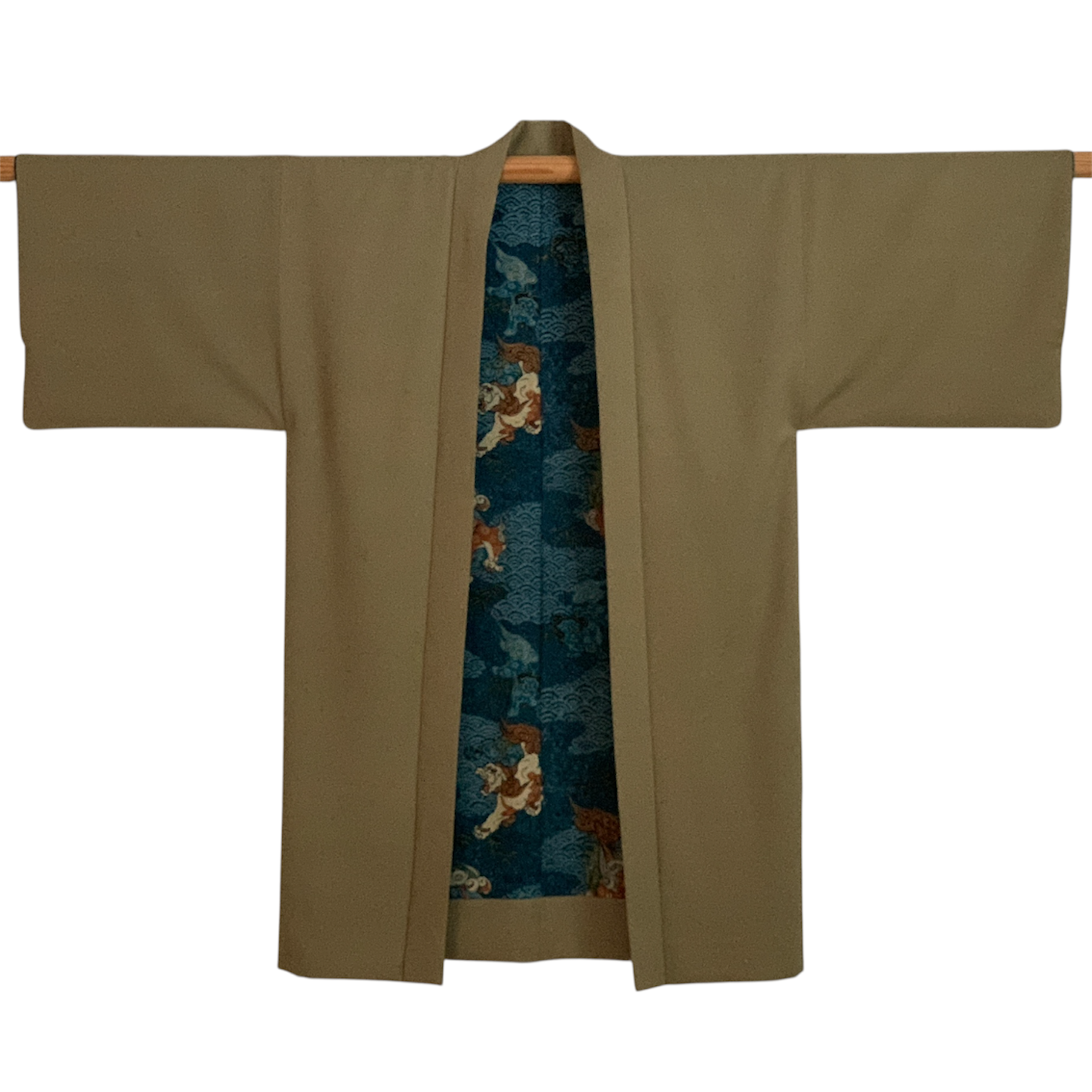Upcycled Silk Haori Jacket - Mugwort Green & Karajishi Lion
