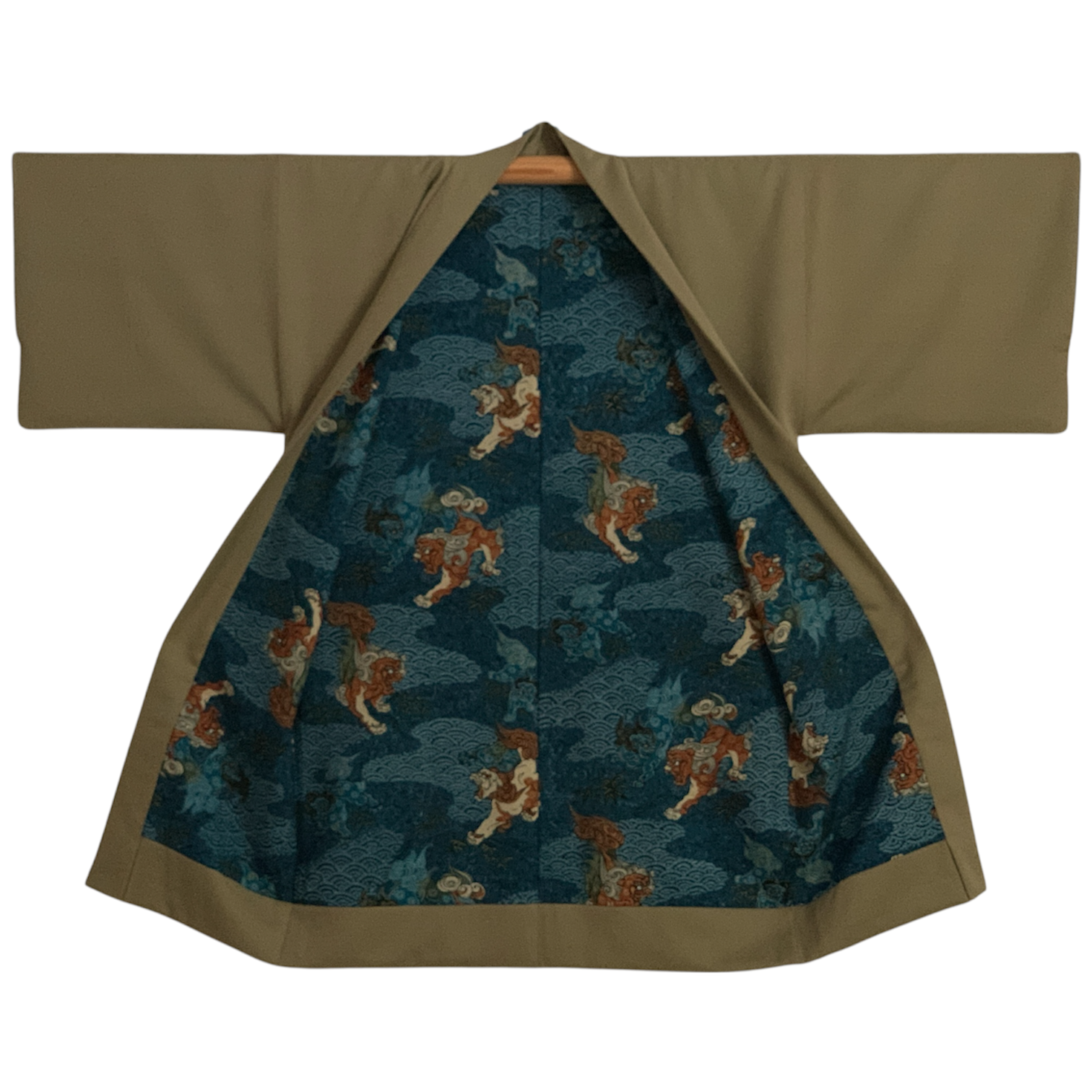 Upcycled Silk Haori Jacket - Mugwort Green & Karajishi Lion