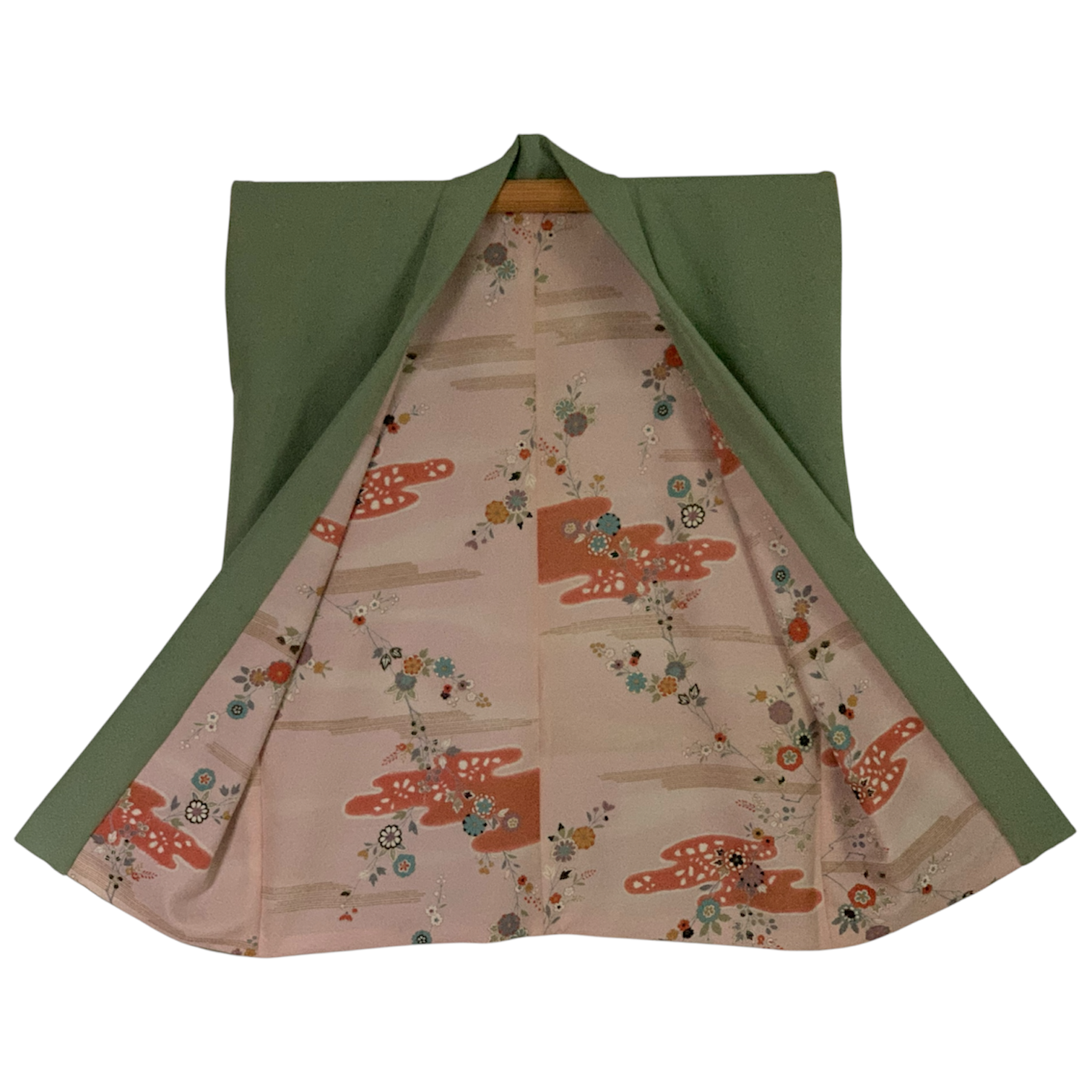 Reversible Upcycled Silk Haori Jacket - Pale Green & Pink with Gold Floral