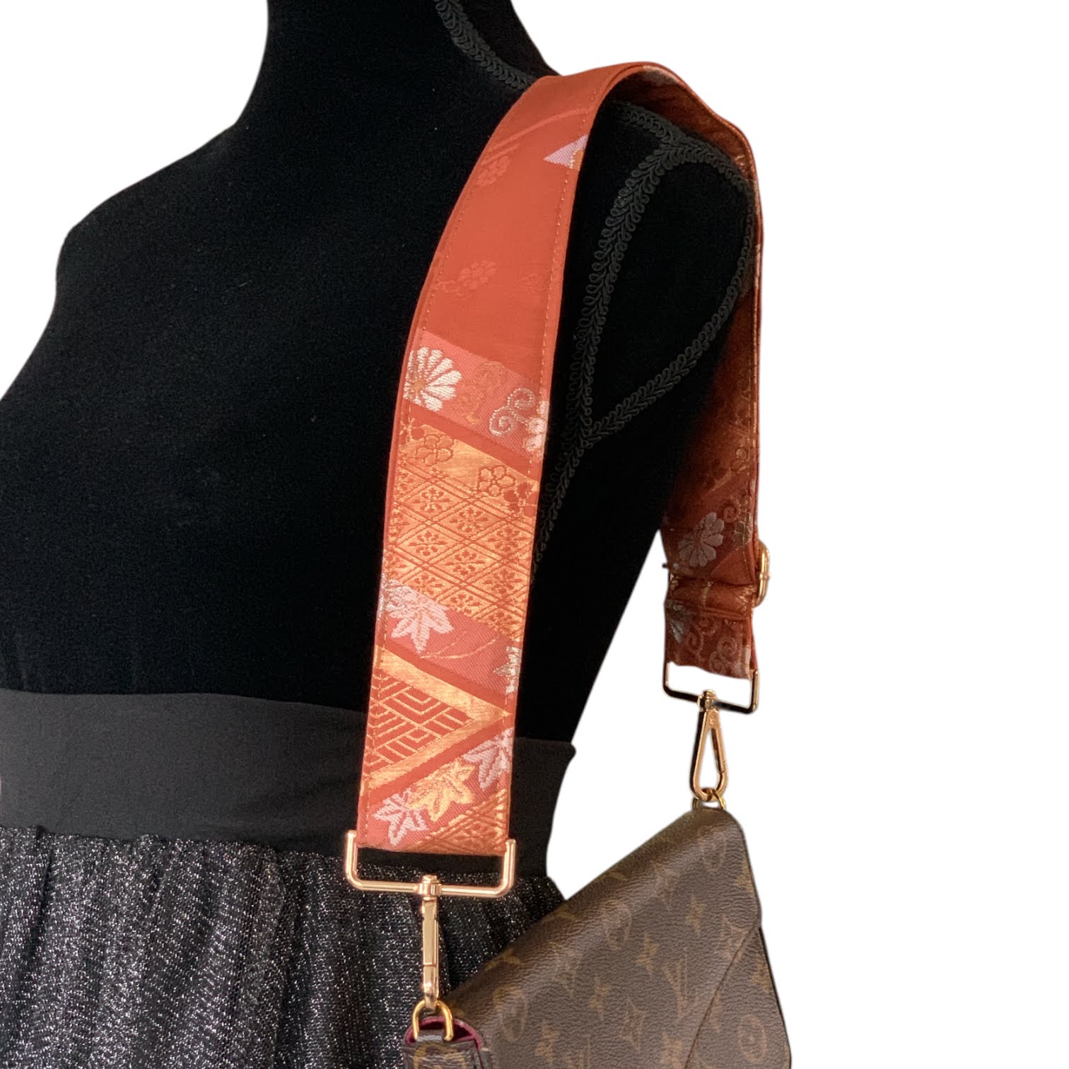 One of a Kind Silk Kimono Shoulder Strap - Vibrant Orange with Gold and Silver Floral Embroidery