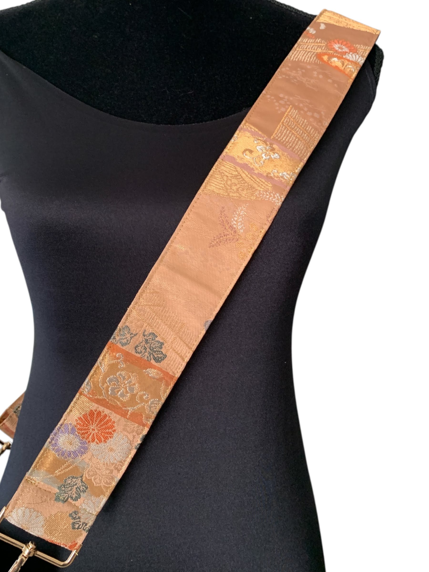 Limited Silk Kimono Shoulder Strap - Orange and Gold with Floral Pattern