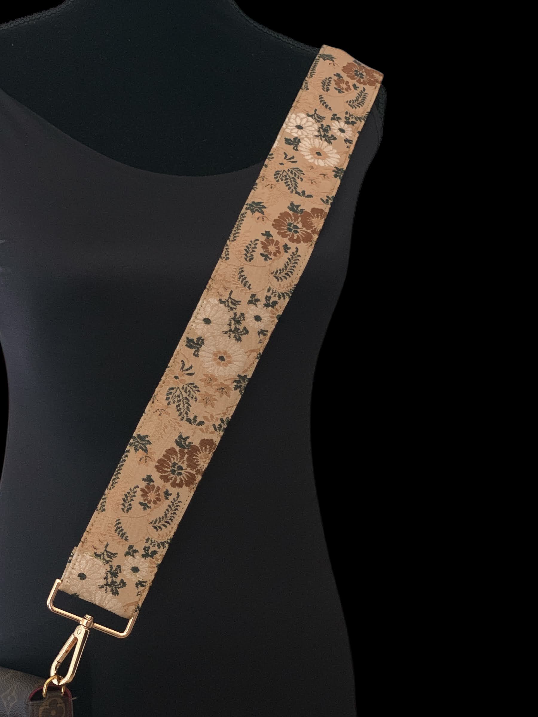 One of a Kind Silk Kimono Shoulder Strap - Beige with Brown Floral Pattern
