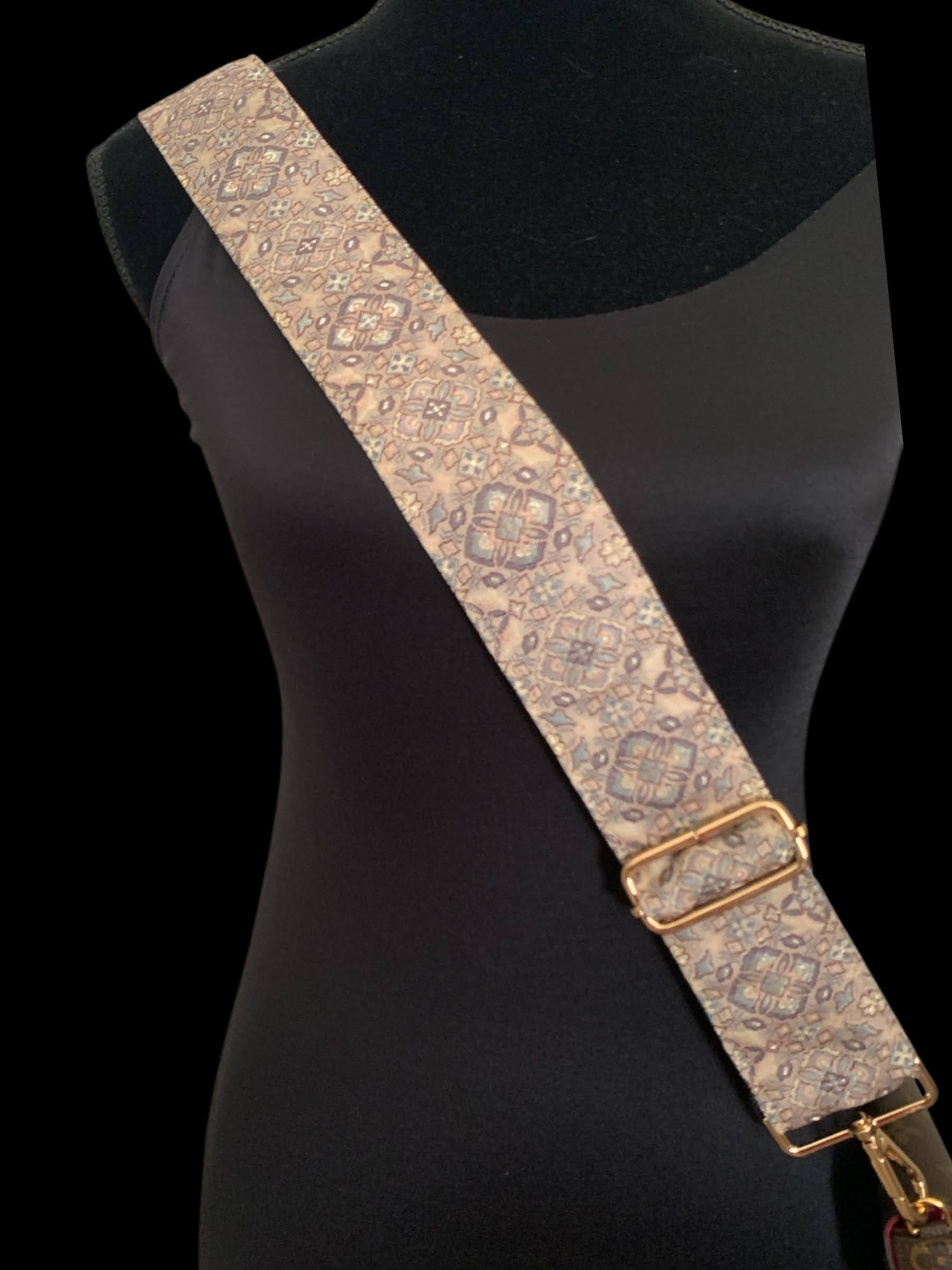 One of a Kind Silk Kimono Shoulder Strap - Beige with Blue and Purple Geometric Pattern